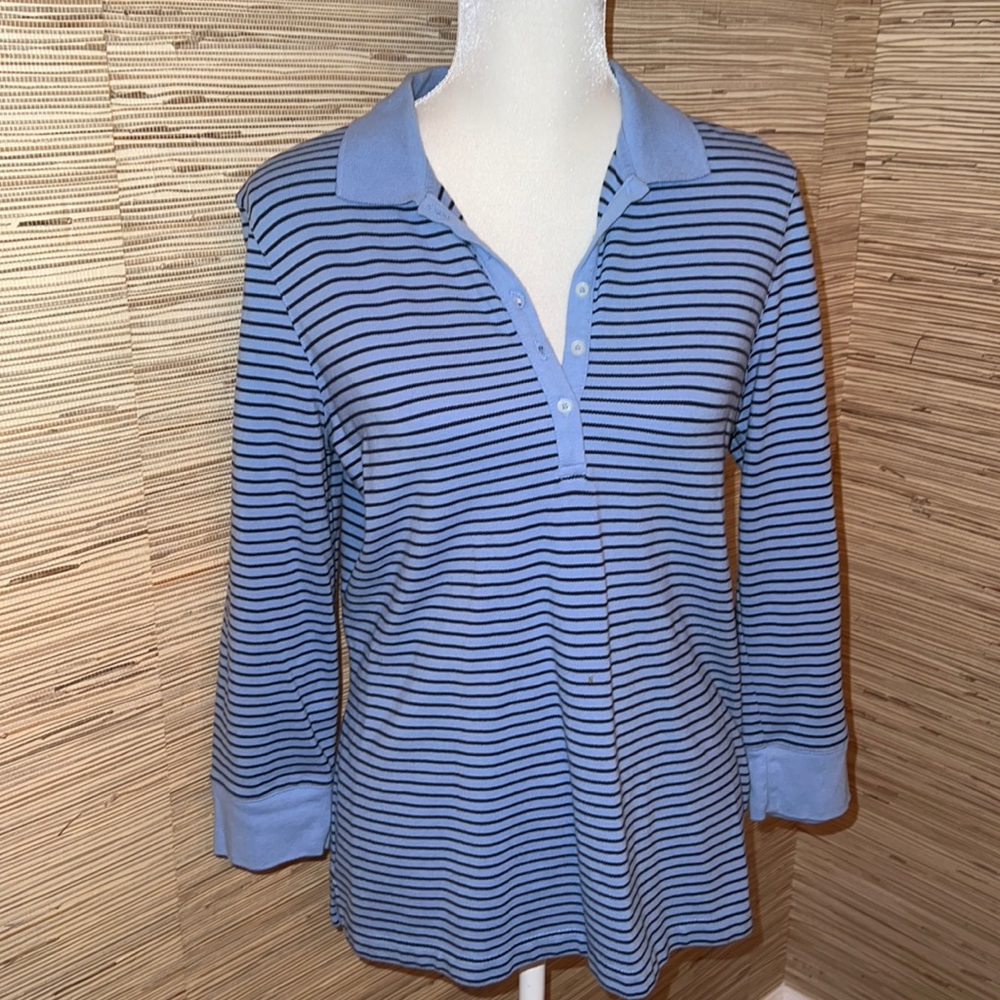Izod blue & navy stripes 3/4 sleeve collar knit top large EUC!